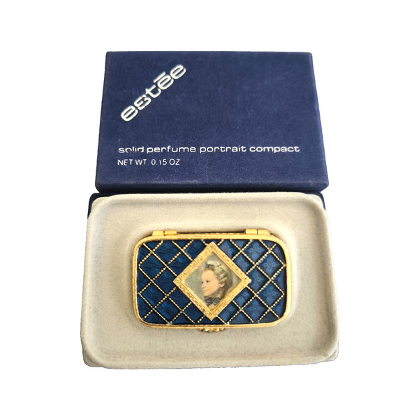 Estee Lauder Cobalt Blue Gilt Enamel Solid Perfume Portrait Compact Box Vintage - Picture 2 of 9
